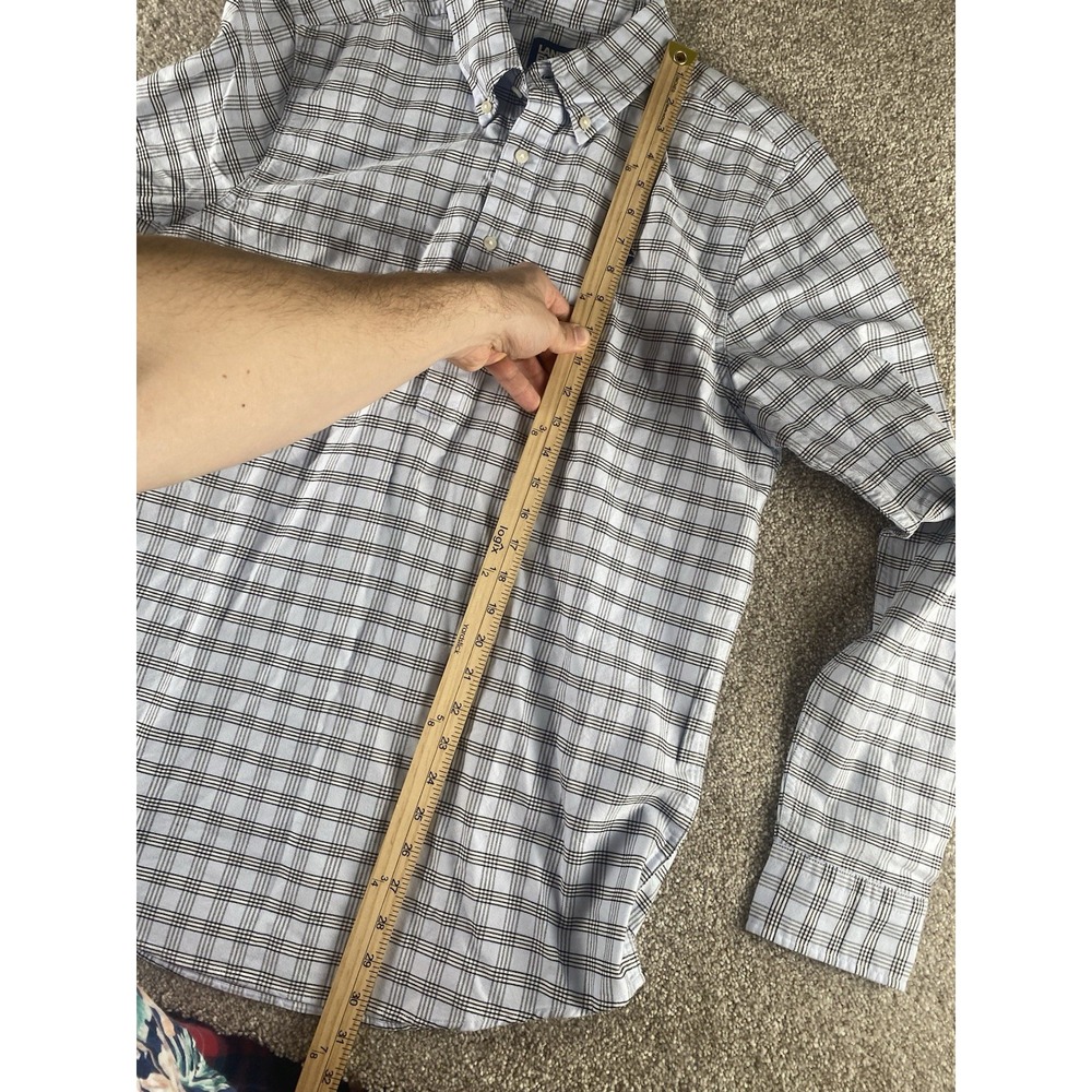 Lands Ends Chase Bank Blue Plaid 3 Button Polo Long Sleeve 15-15.5 Mens M Preppy - Picture 7 of 8